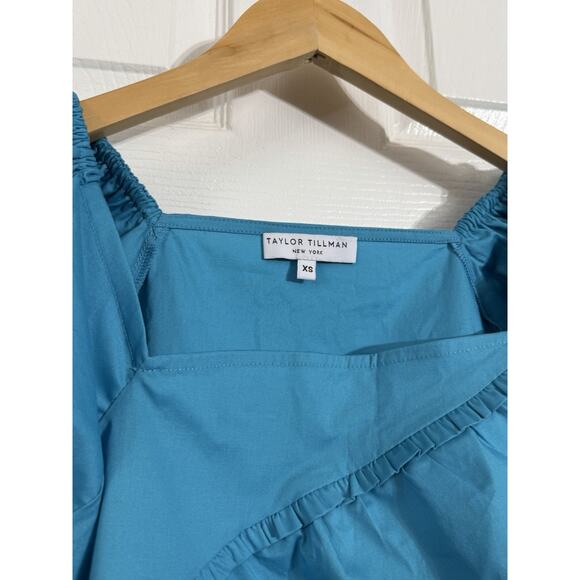 Taylor Tillman shift Dress Aqua Blue Size XS Puff Sleeve Square Neck - Picture 2 of 3